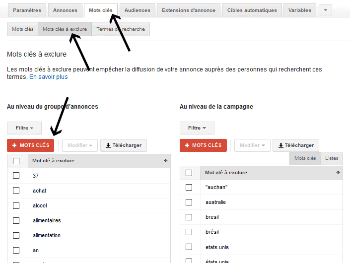 Gérer ses mots clés négatifs sur Google Adwords.