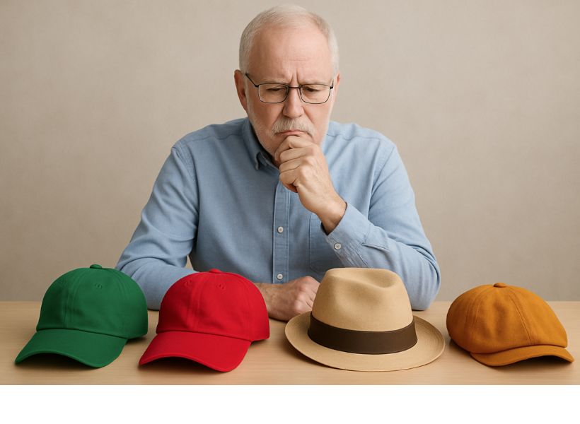 Homme en train de choisir entre différentes types de casquettes